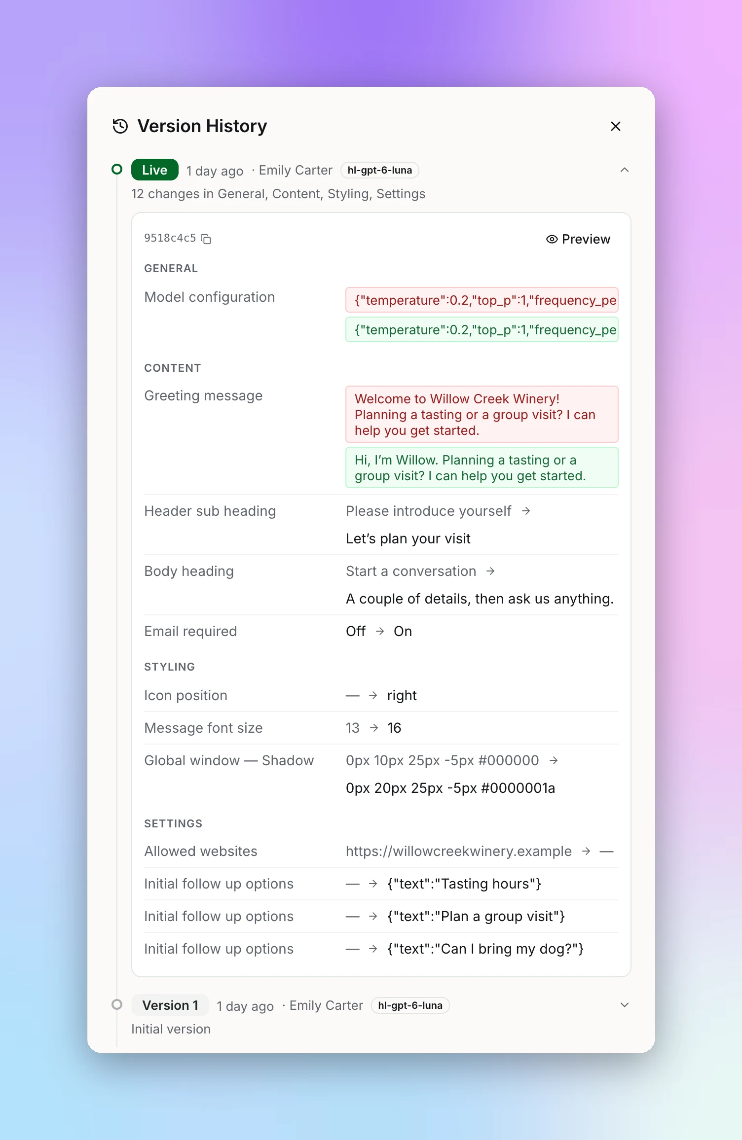 Version History panel with the Live version expanded to show a field-by-field diff grouped into General, Content, Styling, and Settings, and Version 1 below
