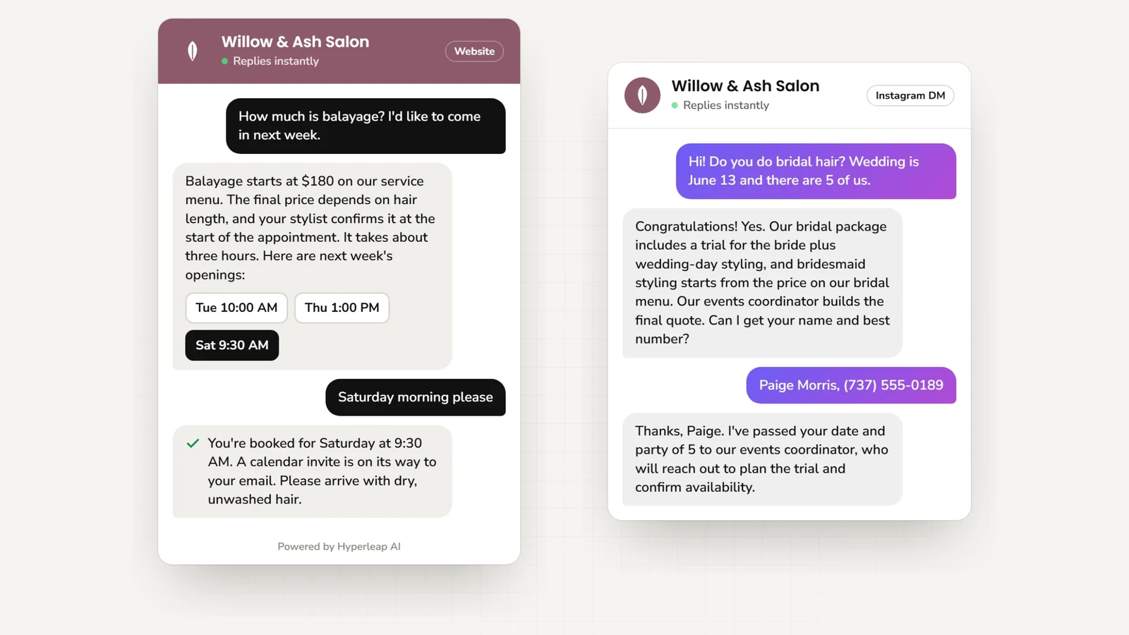 Two example conversations: on the website a client asks how much balayage costs and books a Saturday appointment; on Instagram DM a bride asks about bridal hair for a party of five and her details are passed to the events coordinator