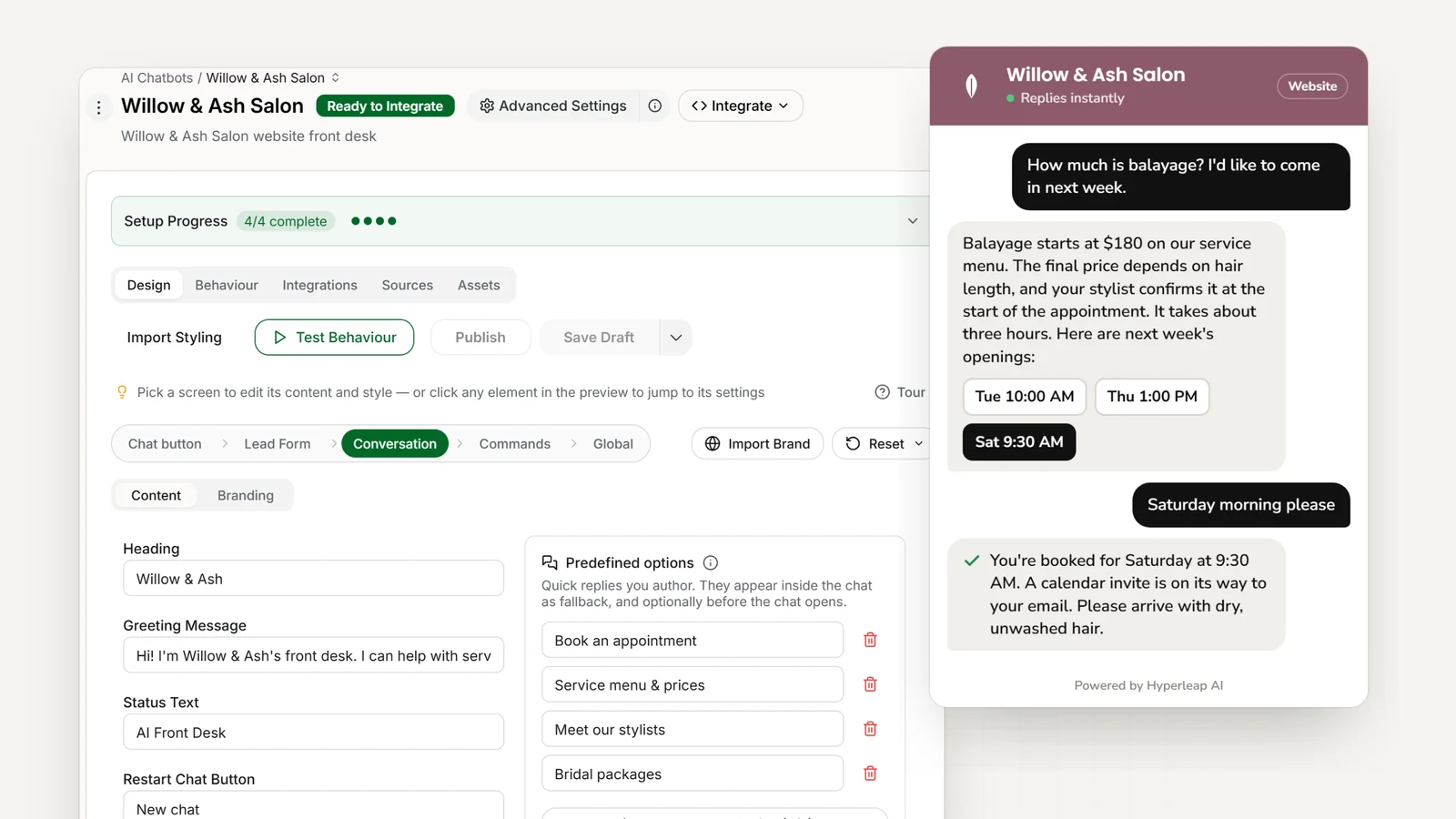 A salon's AI front desk in Hyperleap AI: the editor with the salon's quick replies, and the website chat answering a balayage price question from the service menu and booking the appointment