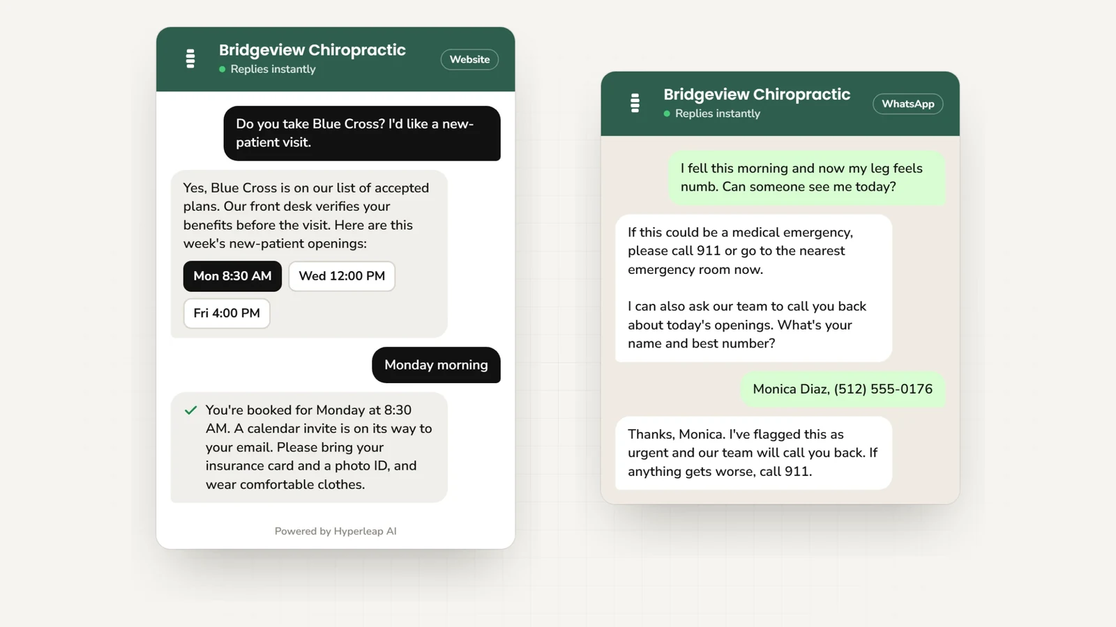 Two example conversations: on the website a patient asks about Blue Cross and books a new-patient visit; on WhatsApp a patient who fell and has a numb leg is told to call 911 first and offered an urgent call back from the team