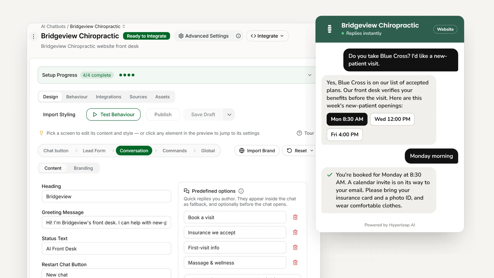 A chiropractic practice's AI front desk in Hyperleap AI: the editor with the practice's quick replies, and the website chat answering a Blue Cross question and booking a new-patient visit