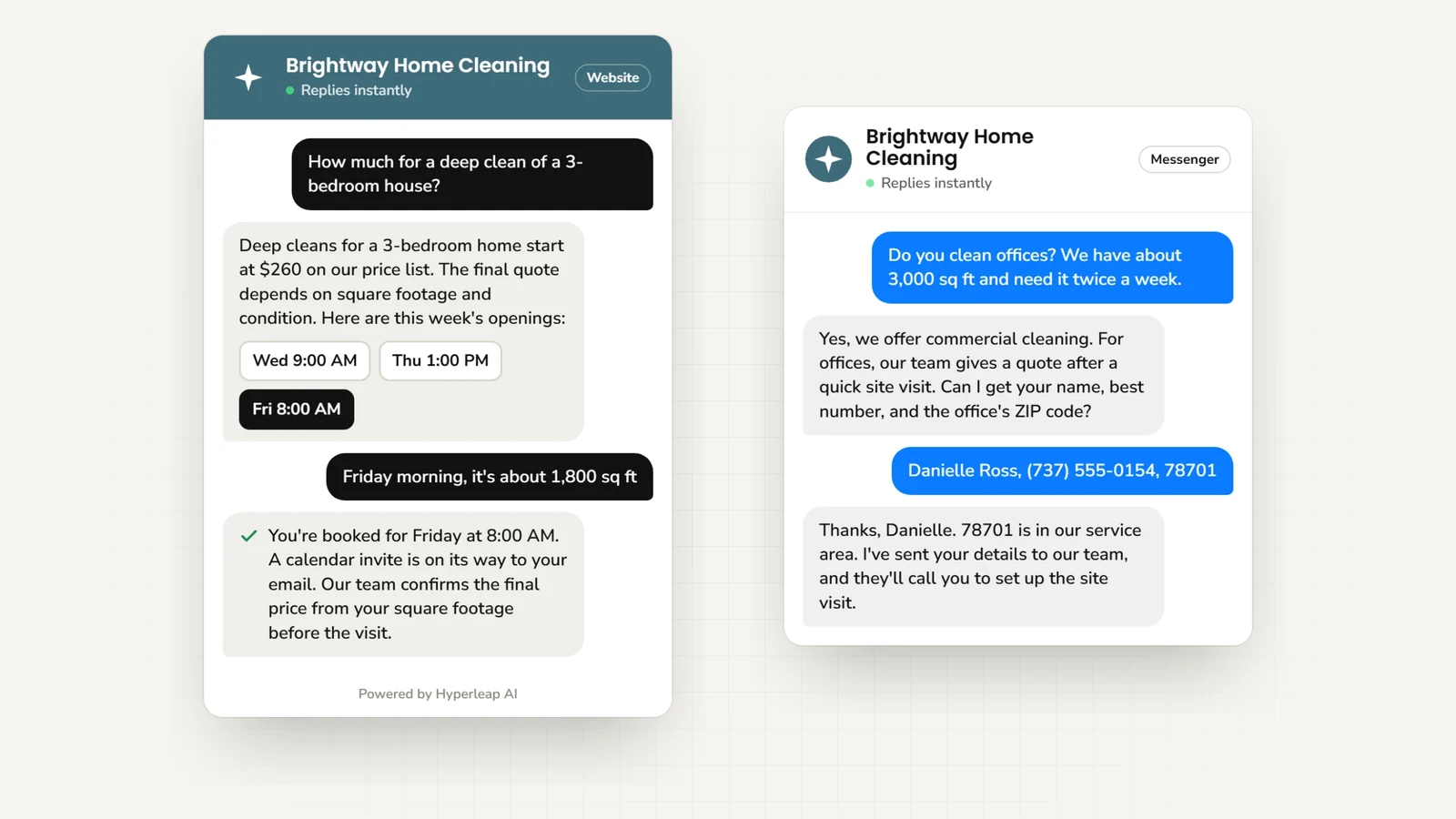Two example conversations: on the website a customer gets the starting price for a 3-bedroom deep clean and books Friday morning; on Messenger an office manager asks about twice-weekly office cleaning and the AI collects details for a site-visit quote