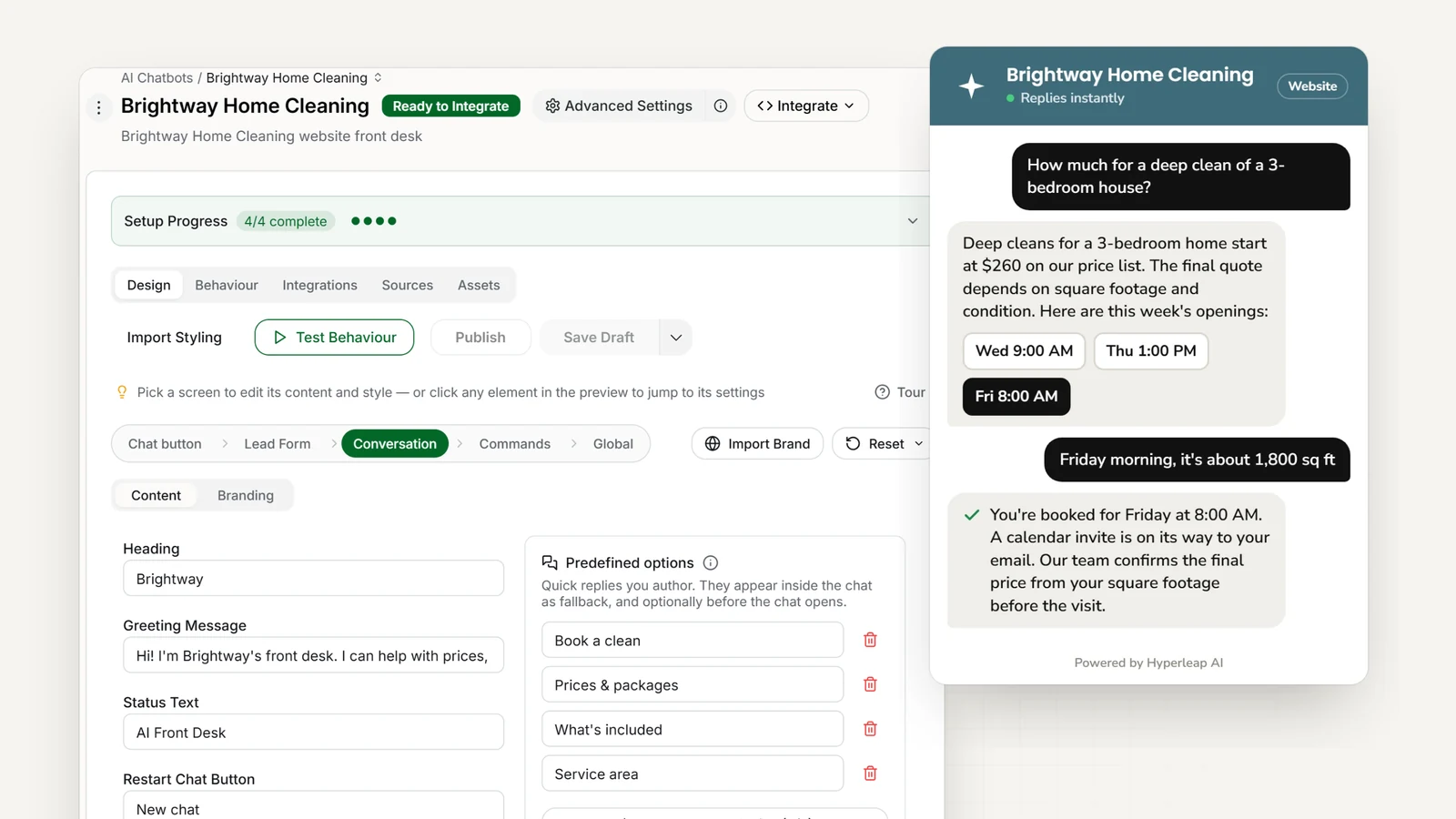 A cleaning company's AI front desk in Hyperleap AI: the editor with the company's quick replies, and the website chat quoting a 3-bedroom deep clean from the price list and booking the visit