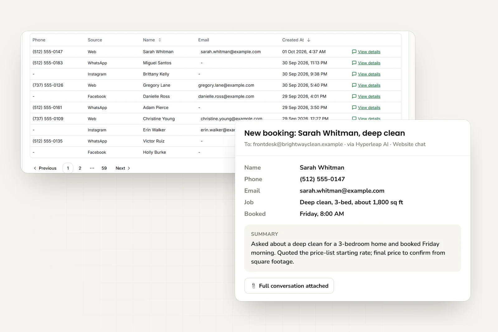 Cleaning inquiries from website, WhatsApp, Instagram, and Facebook, and the email the team receives with contact details, job details, booked time, and a short summary