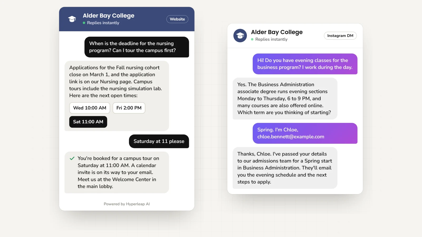 Two example conversations: on the website a prospective student asks about the nursing application deadline and books a campus tour; on Instagram DM a student asks about evening classes, gets the program details, and leaves contact details for admissions