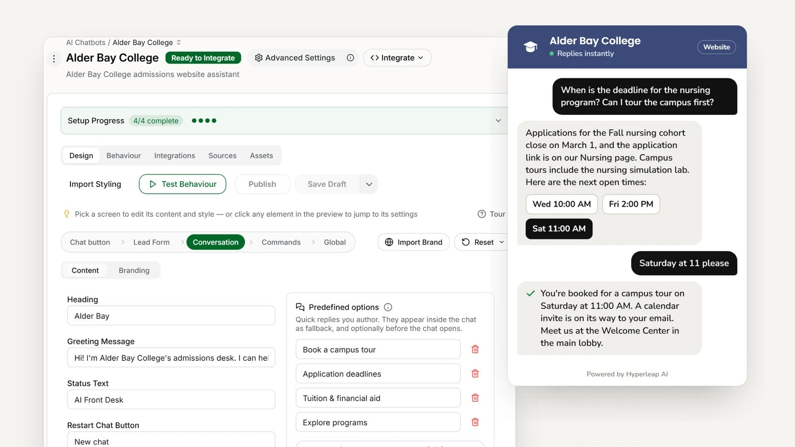 A college's AI front desk in Hyperleap AI: the editor with the admissions quick replies, and the website chat answering an application-deadline question and booking a campus tour