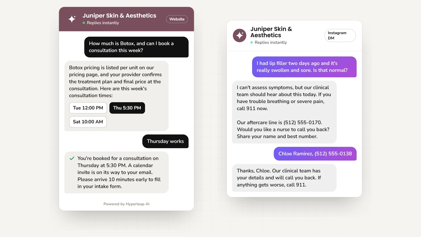 Two example conversations: on the website a client asks about Botox pricing and books a consultation; on Instagram DM a client describing swelling after lip filler is told to call 911 for an emergency, given the aftercare line, and offered a call back from the clinical team