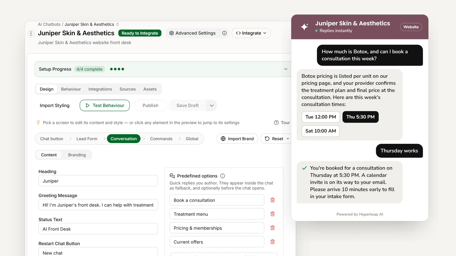 A med spa's AI front desk in Hyperleap AI: the editor with the med spa's quick replies, and the website chat answering a Botox pricing question and booking a consultation