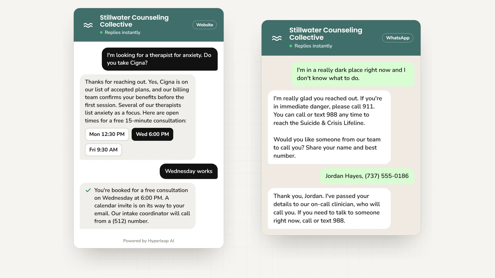 Two example conversations: on the website a prospective client asks whether Cigna is accepted and books a free consultation; on WhatsApp a person in distress is given 911 and the 988 Suicide & Crisis Lifeline first, then offered a call back from the on-call clinician