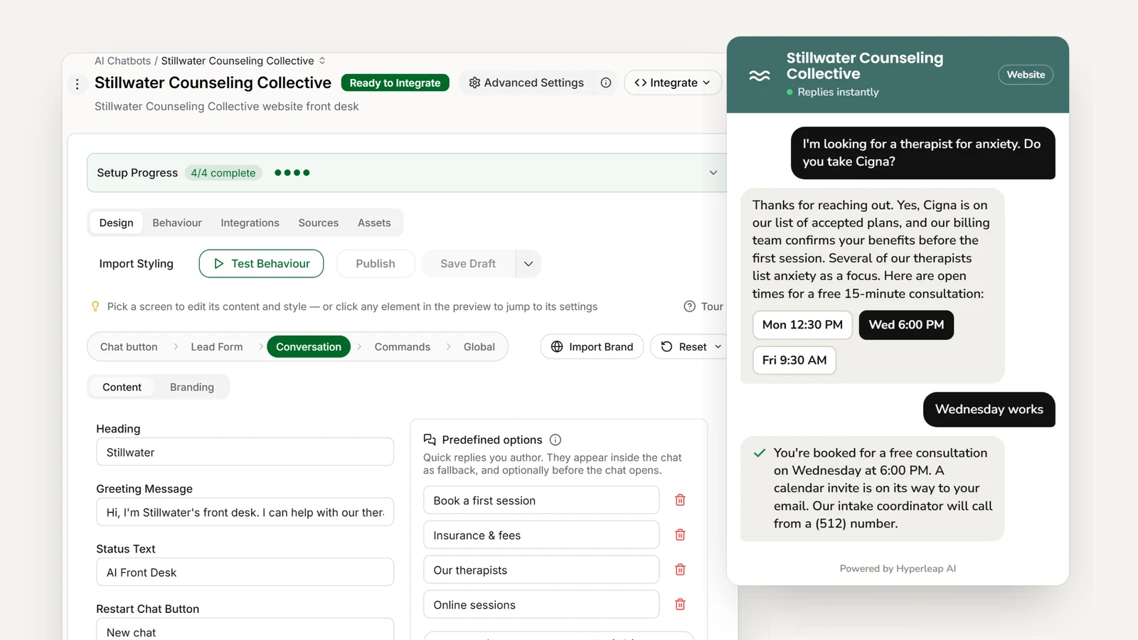 A counseling practice's AI front desk in Hyperleap AI: the editor with the practice's quick replies, and the website chat answering an insurance question and booking a free consultation