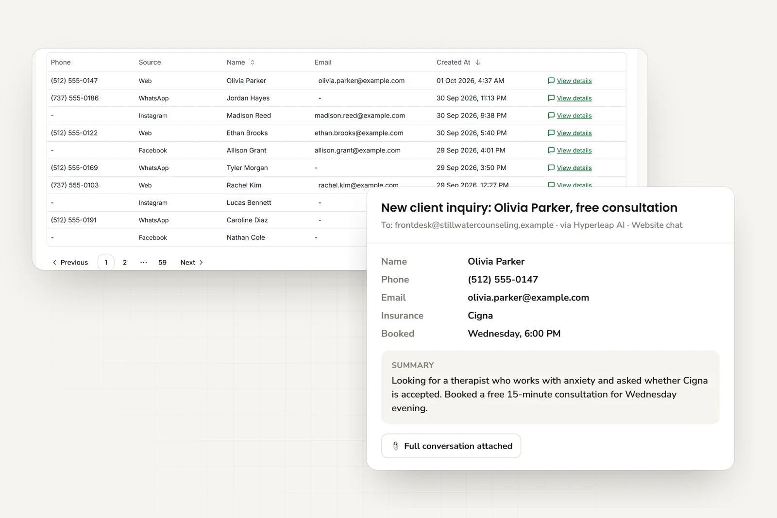 Client inquiries from website, WhatsApp, Instagram, and Facebook in one list, and the email the intake coordinator receives with contact details, insurance carrier, booked consultation time, and a short summary