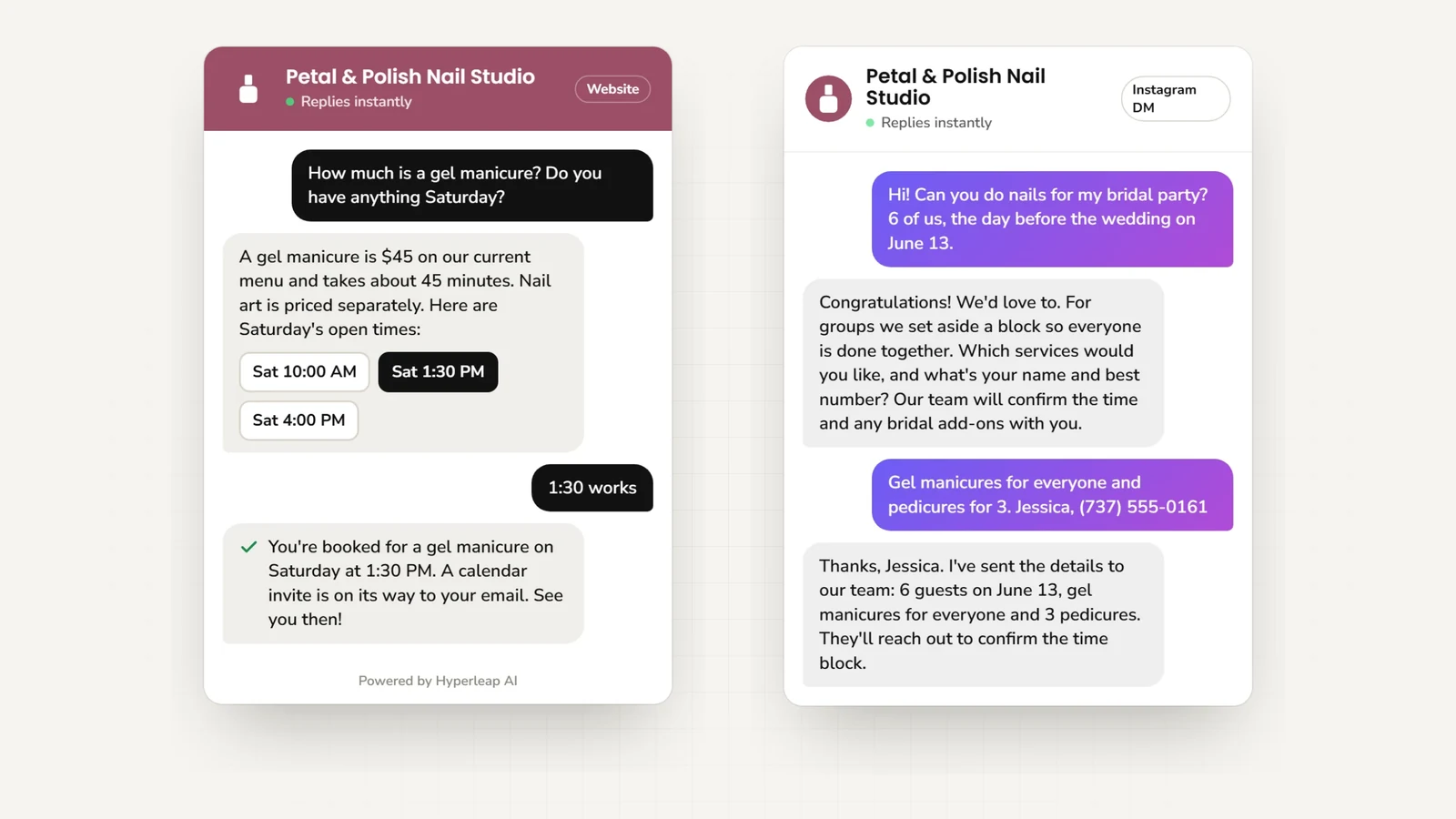Two example conversations: on the website a client asks about a gel manicure and books Saturday at 1:30 PM; on Instagram DM a bride asks about nails for a 6-person bridal party and the details go to the salon team