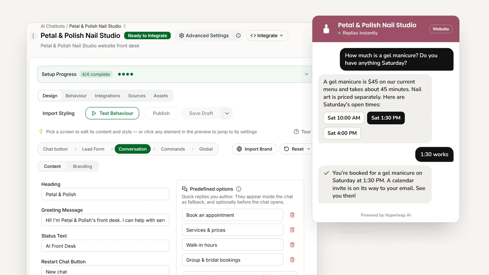 A nail salon's AI front desk in Hyperleap AI: the editor with the salon's quick replies, and the website chat quoting a gel manicure from the menu and booking a Saturday appointment