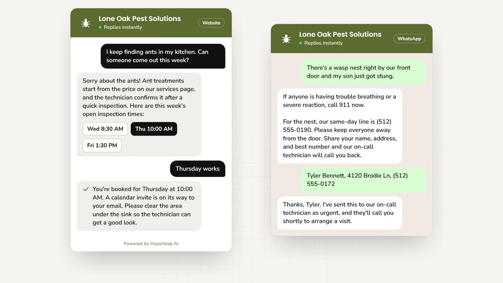 Two example conversations: on the website a customer with ants in the kitchen books an inspection; on WhatsApp a customer with a wasp nest by the front door is told to call 911 for a severe reaction, given the same-day line, and their details are sent to the on-call technician