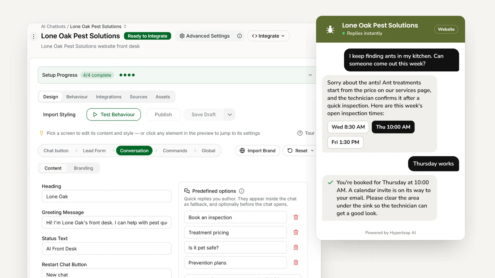 A pest control company's AI front desk in Hyperleap AI: the editor with quick replies for inspections, pricing, and pet safety, and the website chat answering an ant question and booking an inspection