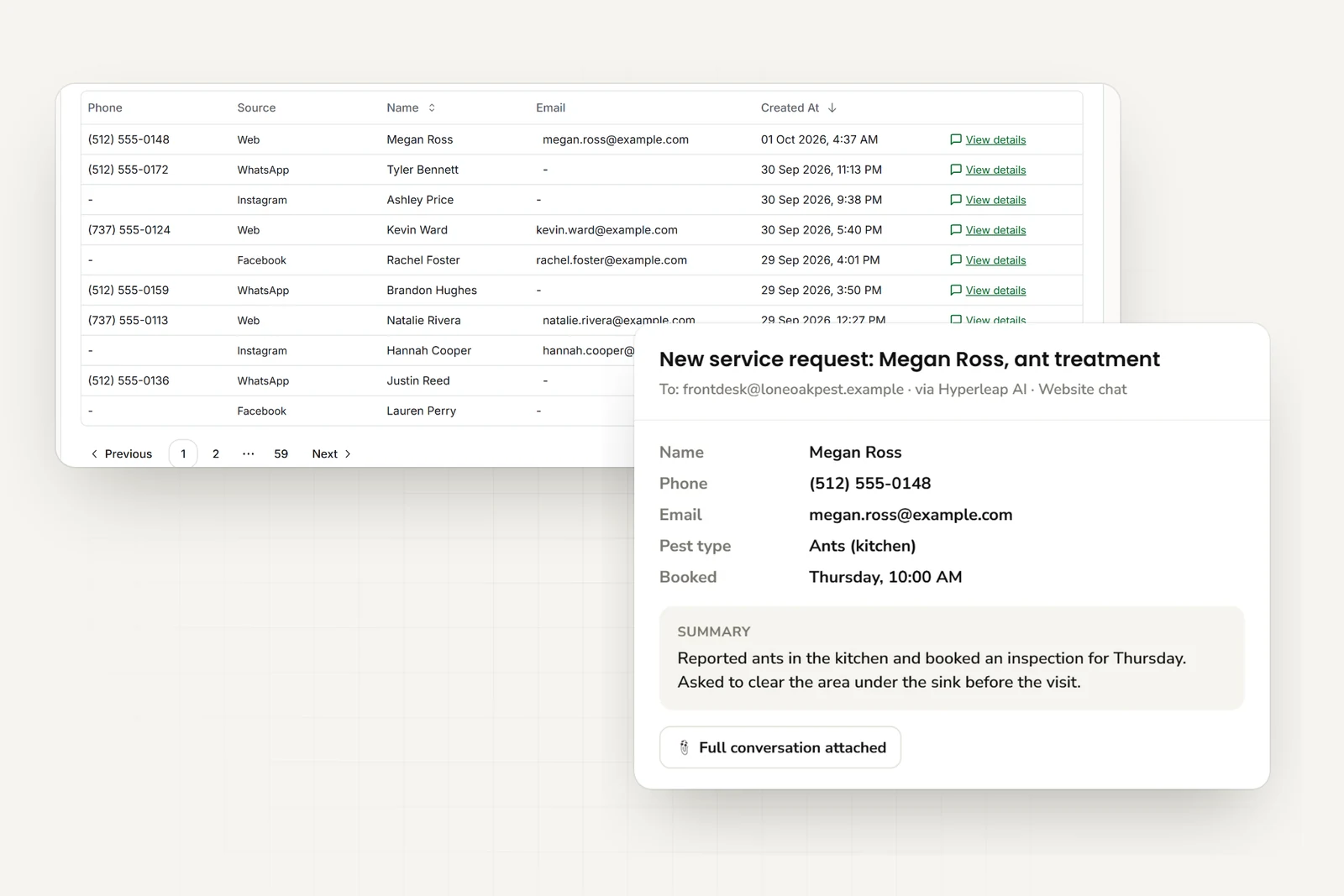 Service requests from website, WhatsApp, Instagram, and Facebook in one list, and the email the team receives with the customer's contact details, pest type, booked inspection time, and a short summary