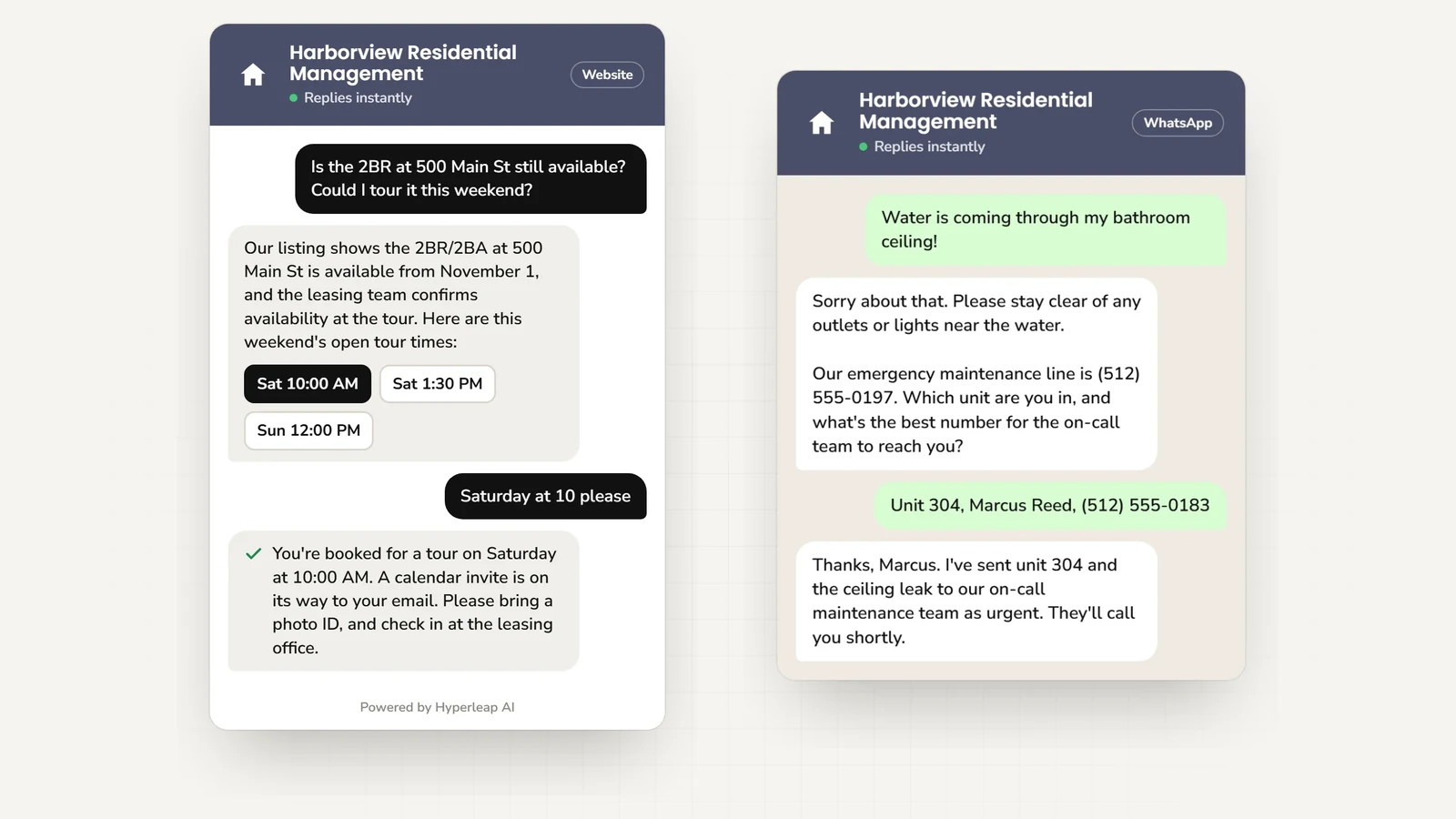 Two example conversations: on the website a prospect asks whether a 2-bedroom unit is available and books a weekend tour; on WhatsApp a tenant reports water coming through the bathroom ceiling, gets the emergency maintenance line, and the unit and callback number go to the on-call team