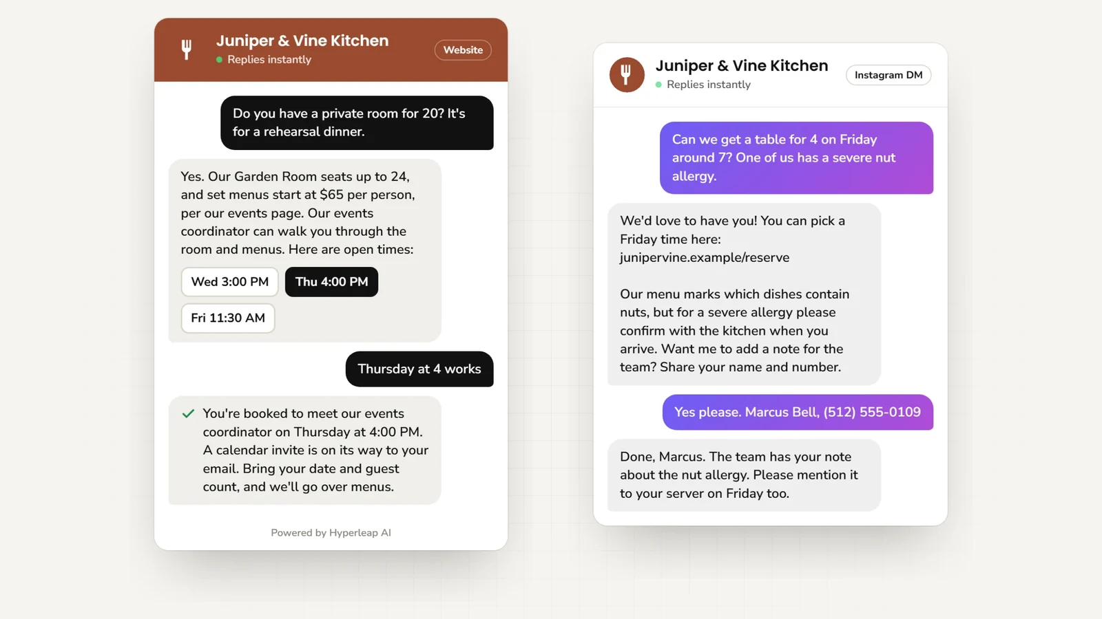 Two example conversations: on the website a guest asks about a private room for a rehearsal dinner and books a walkthrough with the events coordinator; on Instagram DM a guest asking for a Friday table gets the reservation link, and a severe nut allergy is passed to the team with a reminder to confirm with the kitchen