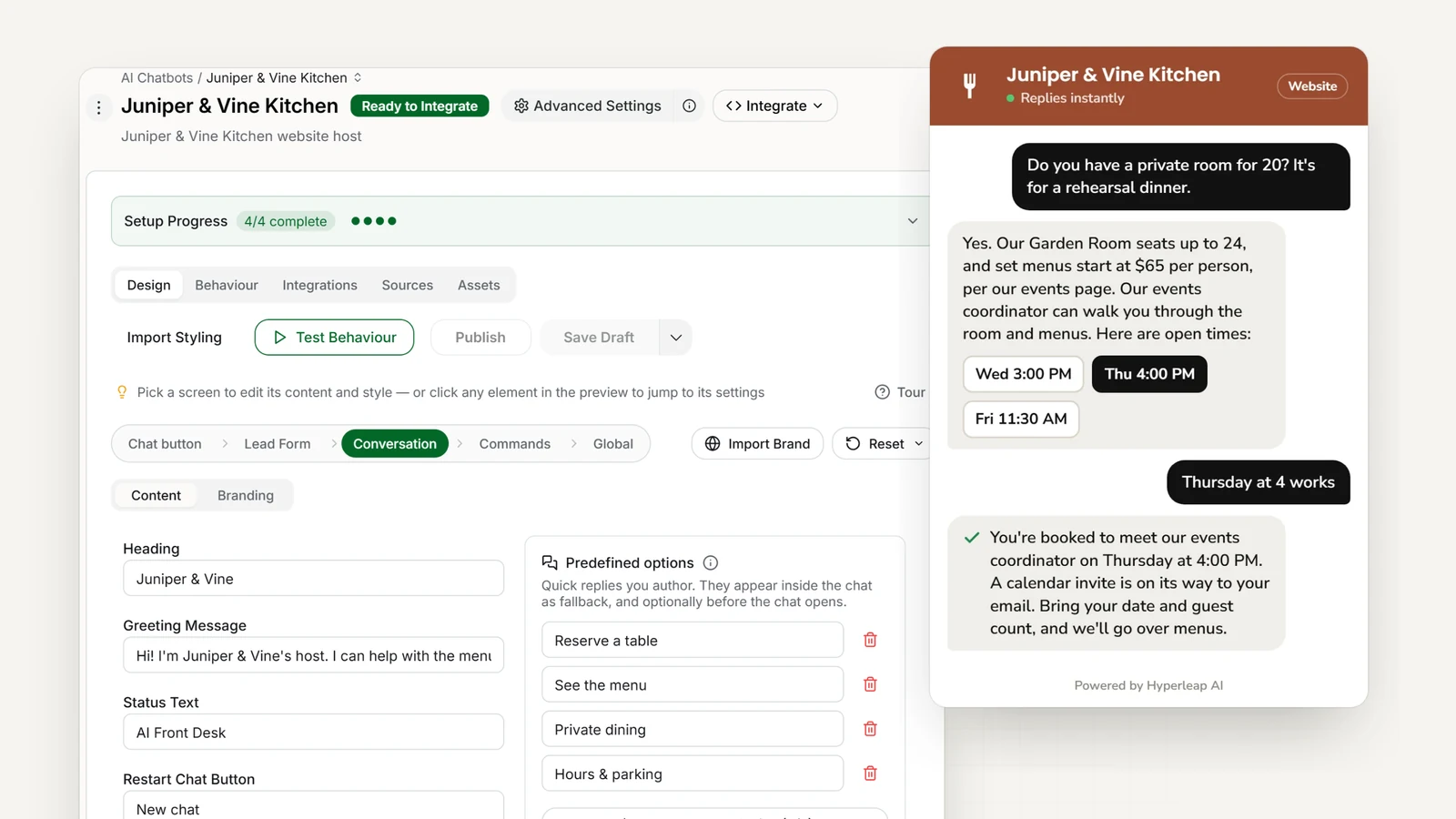 A restaurant's AI front desk in Hyperleap AI: the editor with the restaurant's quick replies, and the website chat answering a private-dining question and booking a walkthrough with the events coordinator