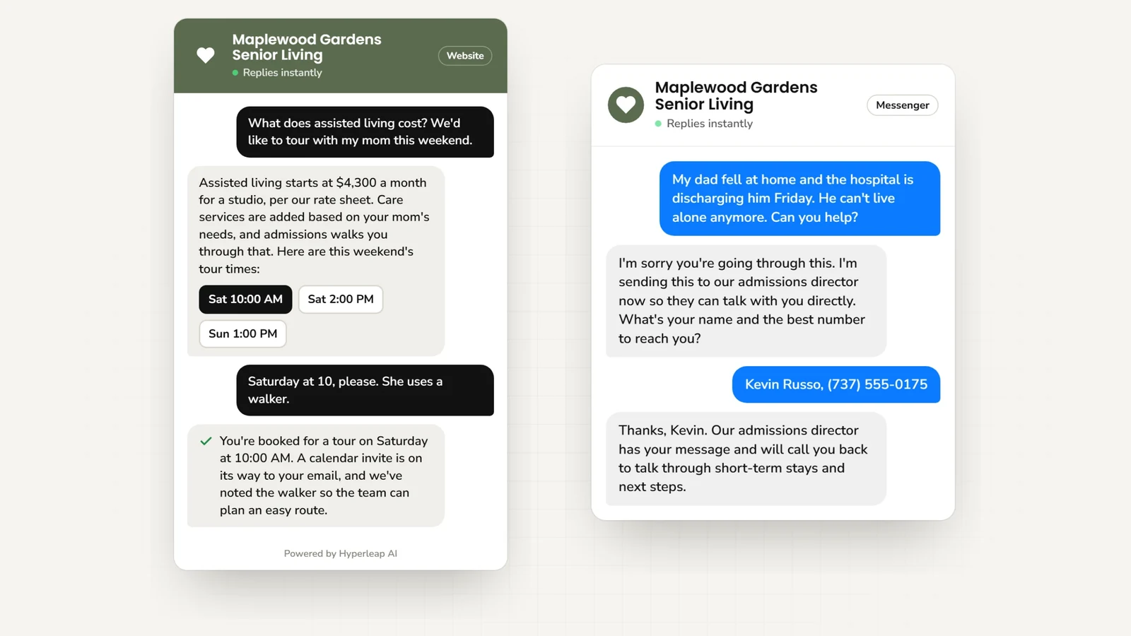 Two example conversations: on the website a daughter asks about assisted living rates and books a Saturday tour, noting her mother uses a walker; on Messenger a son whose father fell and is being discharged is routed to the admissions director for a call back
