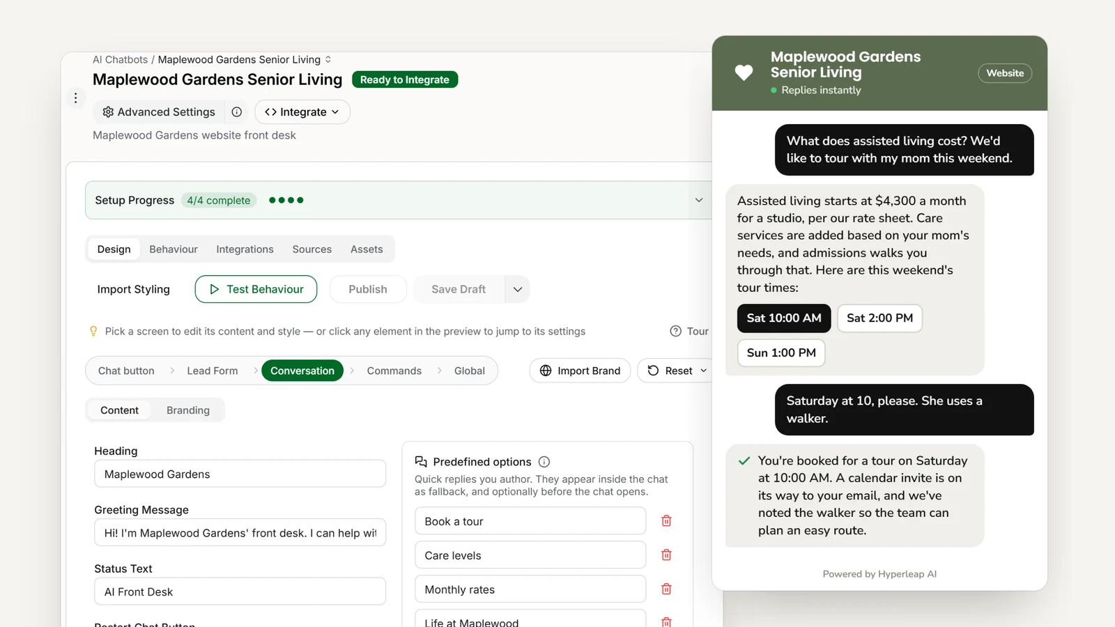 A senior living community's AI front desk in Hyperleap AI: the editor with the community's quick replies, and the website chat answering an assisted living pricing question and booking a weekend tour