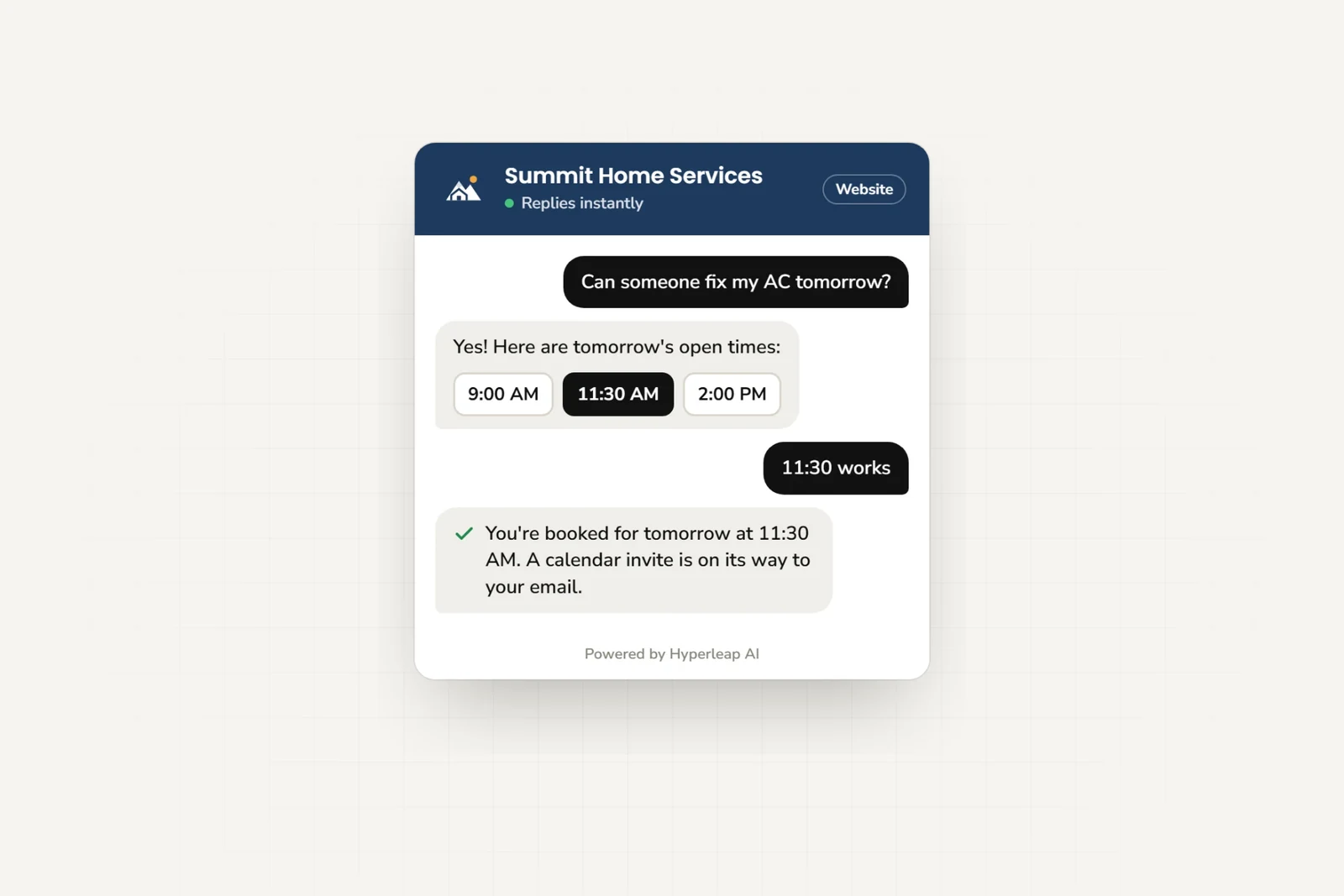 The Hyperleap AI website chat widget for a sample home-services business: a visitor asks if someone can fix their AC tomorrow, picks 11:30 AM from three tappable time slots, and gets a booking confirmation with a calendar invite on its way