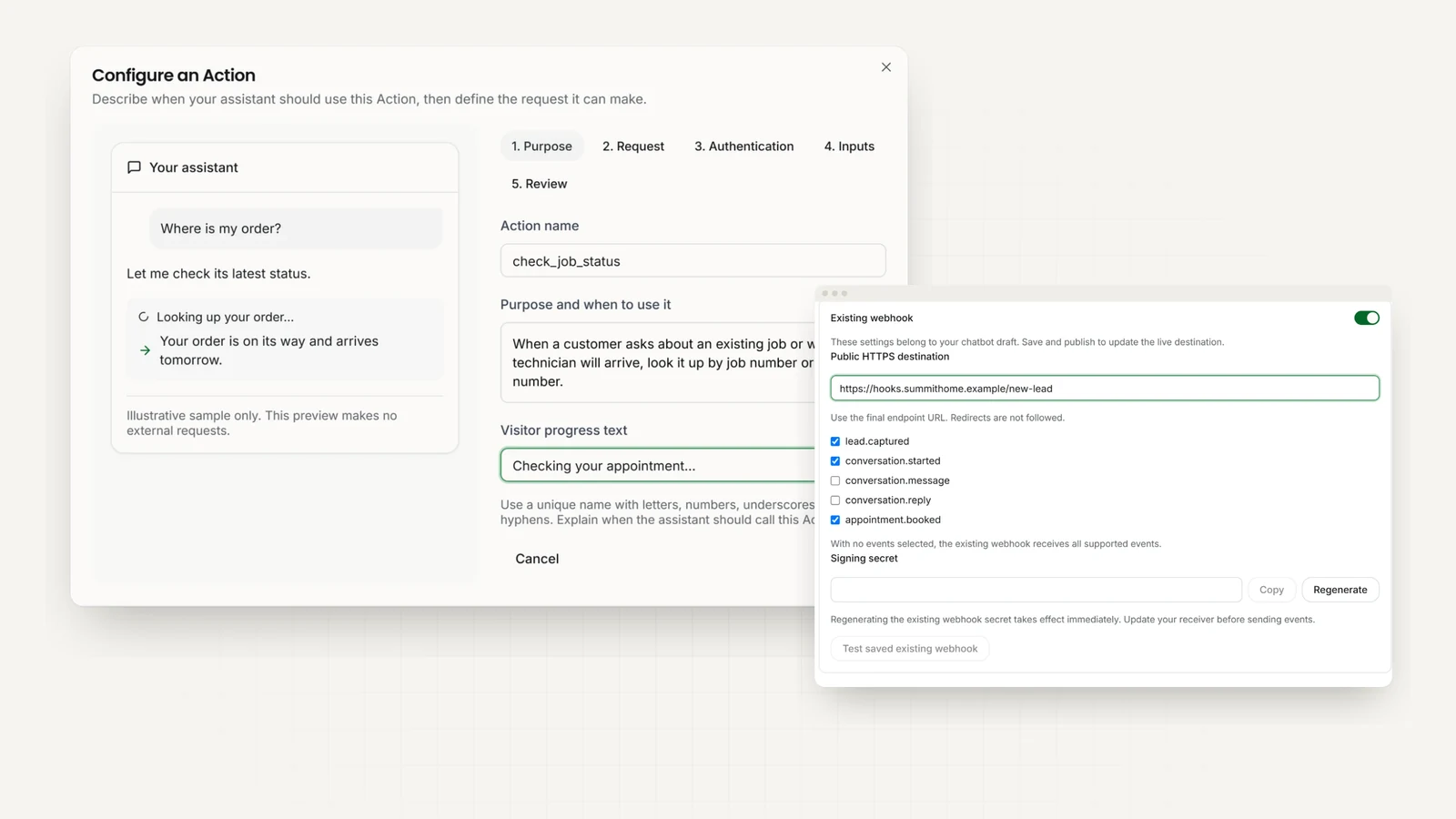Setting up an Action that checks a job's status through the business's own API, next to webhook settings with lead, conversation, and booking events selected