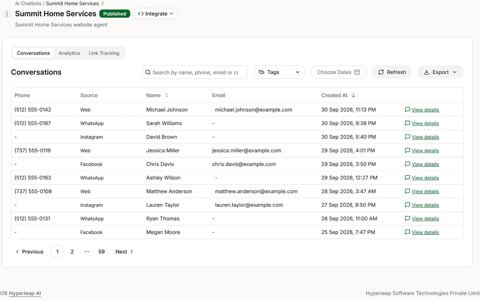 The Conversations list in Hyperleap AI for a sample business, showing each customer's phone, source (Web, WhatsApp, Instagram, or Facebook), name, email, and time, with search, tag and date filters, and an Export button
