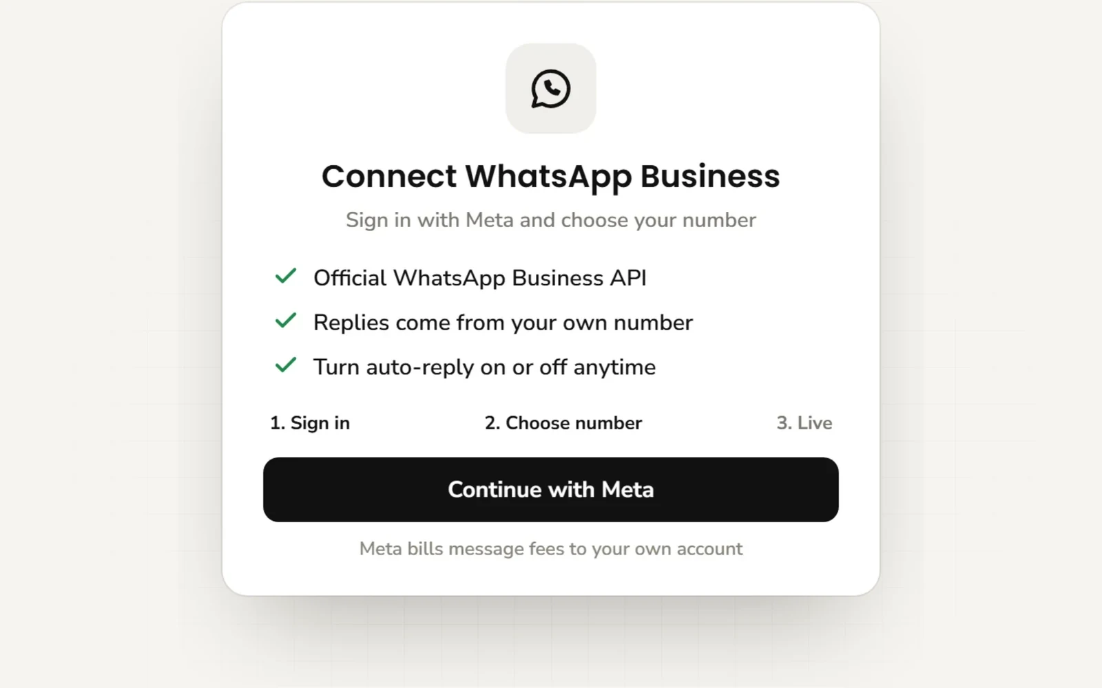 The Connect WhatsApp Business card in Hyperleap AI: sign in with Meta and choose your number, with the official WhatsApp Business API, replies from your own number, auto-reply you can turn on or off, a Continue with Meta button, and a note that Meta bills message fees to your own account