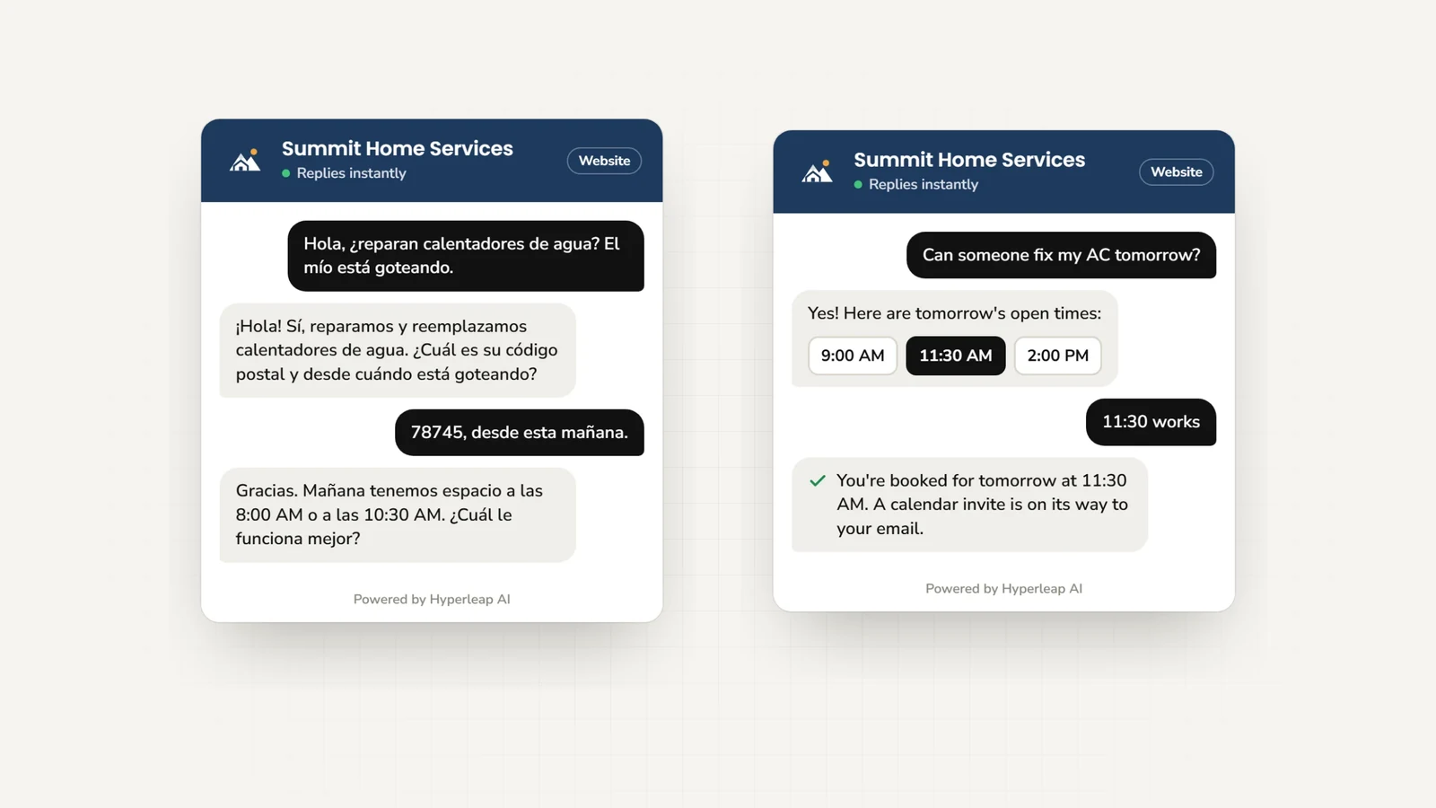 Two website chats from the same AI agent: one customer writes in Spanish and gets answers in Spanish, another books a visit in English