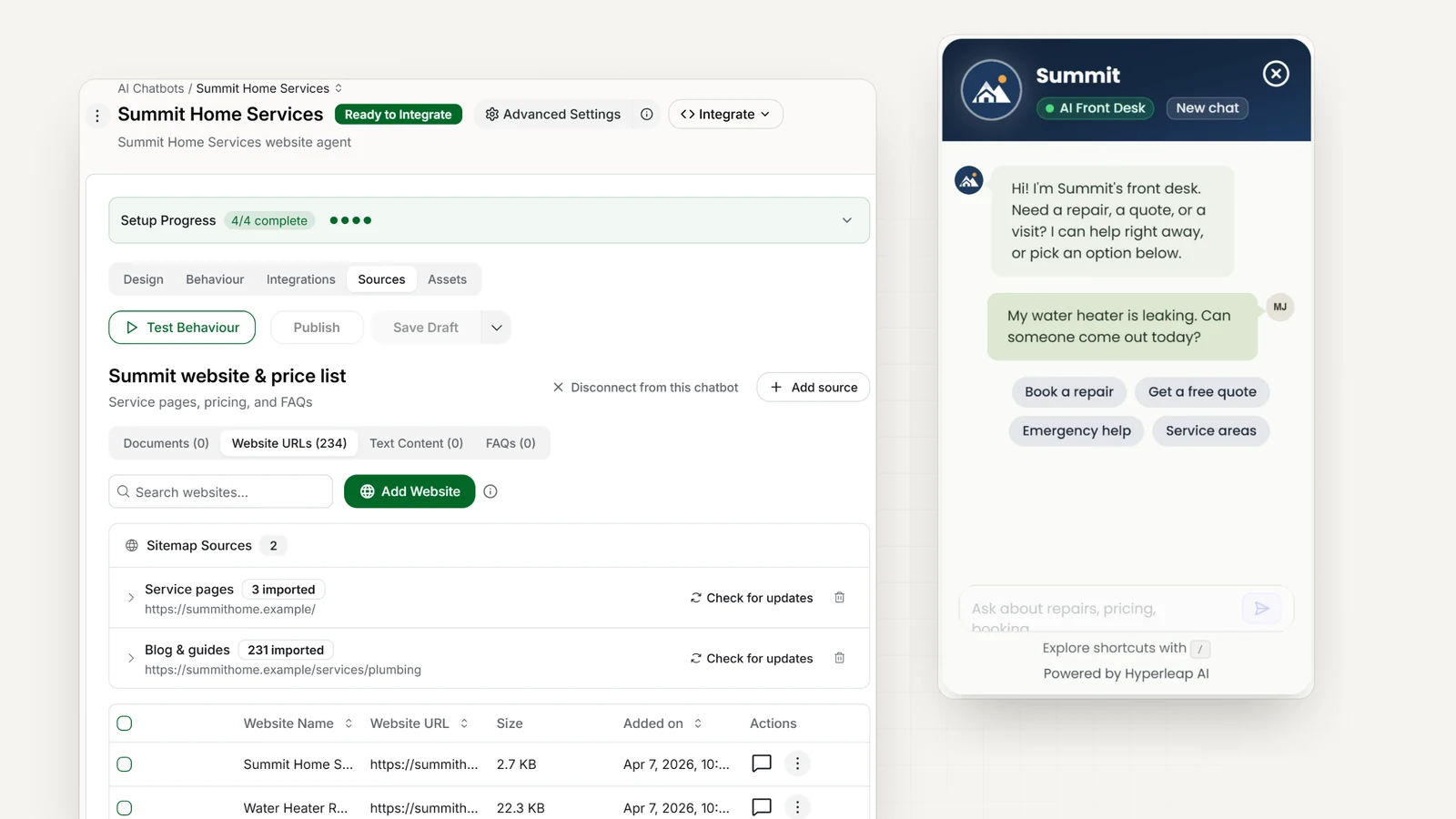 The knowledge sources a business adds in Hyperleap AI, such as its website pages and sitemaps, next to the chat widget answering a customer from that information